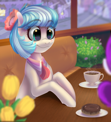 Size: 1024x1127 | Tagged: dead source, safe, artist:freckleplant, imported from derpibooru, coco pommel, earth pony, pony, blushing, coffee, cup, donut, female, food, implied rarity, offscreen character, table, window