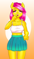 Size: 2190x3780 | Tagged: safe, artist:amberpendant, imported from derpibooru, fluttershy, anthro, clothes, female, midriff, open mouth, pleated skirt, skirt, solo, tanktop, wrong eye color