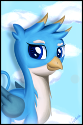 Size: 2000x3000 | Tagged: safe, artist:theunconsistentone, imported from derpibooru, gallus, griffon, school daze, season 8, blue background, cloud, cute, gallabetes, looking at you, male, simple background, sky, smiling, solo, tail, wings