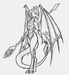 Size: 3780x4100 | Tagged: safe, artist:akweer, imported from derpibooru, princess ember, dragon, bloodstone scepter, dragon lord ember, dragoness, female, monochrome, simple background, sketch, solo, white background