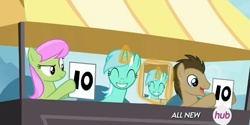 Size: 805x403 | Tagged: safe, edit, edited screencap, imported from derpibooru, screencap, doctor whooves, lyra heartstrings, merry may, time turner, pony, leap of faith, exploitable meme, female, hub logo, lyra's score, male, mare, meme, meta, stallion