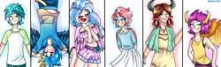 Size: 2300x700 | Tagged: safe, artist:dashblitz90-fonnie, imported from derpibooru, gallus, ocellus, sandbar, silverstream, smolder, yona, human, school daze, clothes, cute, diaocelles, diastreamies, dress, gallabetes, horned humanization, humanized, monkey swings, sandabetes, shorts, skirt, smolderbetes, student six, winged humanization, wings, yonadorable