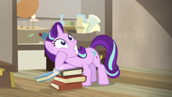 Size: 1280x720 | Tagged: safe, imported from derpibooru, screencap, starlight glimmer, pony, unicorn, uncommon bond, book, female, mare, raised hoof, solo