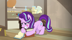 Size: 1280x720 | Tagged: safe, imported from derpibooru, screencap, starlight glimmer, pony, unicorn, uncommon bond, blushing, book, cute, embarrassed, female, glimmerbetes, mare, solo, sweat