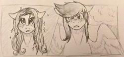 Size: 1024x473 | Tagged: safe, artist:kimyowolf, imported from derpibooru, oc, oc only, oc:curiosa dream, oc:music rhythm, earth pony, pegasus, pony, female, male, mare, monochrome, stallion, traditional art