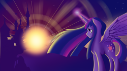 Size: 1024x576 | Tagged: safe, artist:autumnsmonologue8, imported from derpibooru, twilight sparkle, alicorn, pony, canterlot, female, solo, twilight (astronomy), twilight at twilight, twilight sparkle (alicorn)