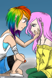 Size: 1000x1500 | Tagged: safe, artist:senaris, imported from derpibooru, fluttershy, rainbow dash, human, duo, female, flutterdash, humanized, lesbian, misleading thumbnail, mood contrast, profile, sad, shipping