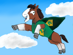 Size: 1200x900 | Tagged: safe, artist:horsesplease, imported from derpibooru, trouble shoes, clydesdale, earth pony, horse, pony, blaze (coat marking), cape, clothes, coat markings, derp, facial markings, faic, flying, happy, i didn't listen, male, meme, open mouth, paint tool sai, smiling, socks (coat marking), socks (coat markings), stallion, superhero