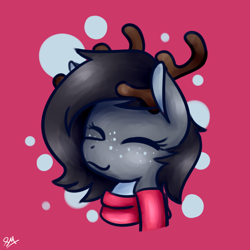 Size: 1024x1024 | Tagged: safe, artist:sugar morning, imported from derpibooru, oc, oc only, oc:gene, deer, deer pony, original species, pony, antlers, bust, calm, clothes, commission, content, deer oc, deerpony, doe, eyes closed, freckles, happy, scarf, simple background, smiling, solo