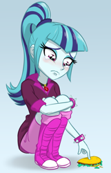 Size: 670x1040 | Tagged: safe, artist:ta-na, imported from derpibooru, sonata dusk, equestria girls, crying, cute, dropped food, female, food, gem, gradient background, ponytail, sad, siren gem, solo, sonatabetes, sonataco, spiked wristband, squatting, taco, that girl sure loves tacos, that pony sure does love tacos, that siren sure does love tacos, wristband