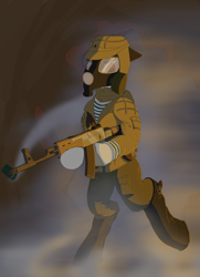 Size: 3096x4274 | Tagged: safe, artist:coreboot, artist:kpvt, imported from derpibooru, oc, oc:commissar junior, ak-12, boots, gas mask, kapkan, mask, military, military uniform, rainbow six siege, shoes, smoke, soviet union, spetsnaz, telnyashka, weapon