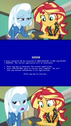 Size: 2048x3644 | Tagged: safe, edit, imported from derpibooru, screencap, sunset shimmer, trixie, equestria girls, equestria girls series, forgotten friendship, blue screen of death, exploitable meme, meme, sunset's recording