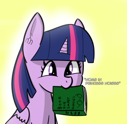 Size: 1198x1169 | Tagged: safe, artist:artiks, imported from derpibooru, twilight sparkle, alicorn, book, descriptive noise, female, mare, nom, simple background, solo, that pony sure does love books, twilight sparkle (alicorn), yellow background