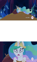 Size: 852x1425 | Tagged: safe, artist:nightshadowmlp, imported from derpibooru, screencap, princess celestia, twilight's kingdom, all new, bed, celestia's nightmare, exploitable meme, hub logo, meme, scared, template, text