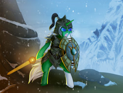 Size: 2000x1500 | Tagged: safe, artist:foxyghost, imported from derpibooru, oc, oc only, semi-anthro, armor, crossover, dawnbreaker, mountain, shield, skyrim, snow, snowfall, solo, spellbreaker, sword, the elder scrolls, weapon, ych result