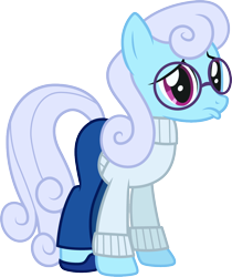 Size: 1000x1192 | Tagged: safe, artist:cloudy glow, artist:cloudyglow, imported from derpibooru, linky, shoeshine, earth pony, pony, clothes, clothes swap, cosplay, costume, disney, female, glasses, inside out, pixar, ponified, sad, sadness (inside out), simple background, solo, transparent background