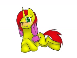 Size: 1600x1200 | Tagged: safe, artist:terminalhash, imported from derpibooru, oc, oc:rouzfirecarrot, unicorn, one eye closed, prone, wink