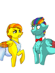 Size: 1536x2048 | Tagged: safe, artist:toxstaxes, imported from derpibooru, oc, oc only, oc:abbott, oc:andromeda, pegasus, pony, bowtie, clothes, dress, female, male, mare, offspring, parent:rainbow dash, parent:zephyr breeze, parents:zephdash, simple background, stallion, white background