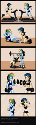 Size: 800x2722 | Tagged: safe, artist:niban-destikim, imported from derpibooru, indigo zap, rainbow dash, equestria girls, belly button, bench press, biceps, clothes, comic, commission, converse, exercise, flexing, indigo max, midriff, muscles, rainbuff dash, running, shoes, sit-ups, smiling, sports bra, sports shorts, treadmill, weight lifting, workout