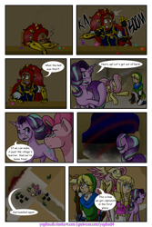 Size: 1200x1800 | Tagged: safe, artist:yogfan, imported from derpibooru, applejack, fluttershy, pinkie pie, starlight glimmer, hylian, pony, comic:but i do now, equestria girls, comic, crossover, elements of harmony, ganondorf, link, princess zelda, the legend of zelda
