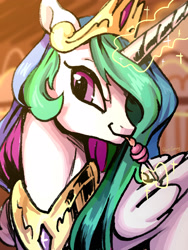 Size: 2448x3264 | Tagged: safe, artist:rocy canvas, imported from derpibooru, princess celestia, alicorn, pony, bust, candy, female, food, glowing horn, levitation, licking, lollipop, looking at you, magic, magic aura, mare, pixiv, portrait, solo, telekinesis, tongue out