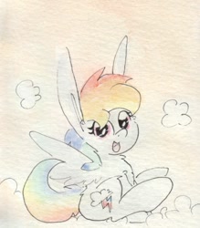 Size: 688x787 | Tagged: safe, artist:slightlyshade, imported from derpibooru, rainbow dash, pegasus, pony, big ears, chest fluff, cloud, cute, cutie mark, female, hooves, large ears, looking at you, mare, on a cloud, open mouth, sitting, sitting on a cloud, sitting on cloud, solo, spread wings, traditional art, watercolor painting, wings