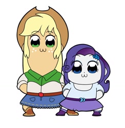 Size: 1000x1025 | Tagged: safe, artist:feellikeaplat, deleted from derpibooru, edit, imported from derpibooru, applejack, rarity, equestria girls, :3, duo, height difference, pop team epic, simple background, white background