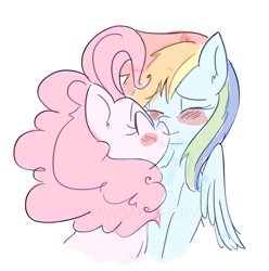 Size: 936x944 | Tagged: safe, artist:drawbauchery, artist:miss-awesome-mod, imported from derpibooru, pinkie pie, rainbow dash, earth pony, pegasus, pony, blushing, cute, duo, eyes closed, female, kiss on the lips, kissing, lesbian, mare, pinkiedash, shipping, simple background, smiling, white background