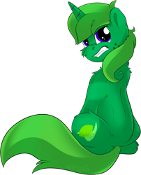 Size: 707x877 | Tagged: safe, artist:xgglitch, imported from derpibooru, oc, oc only, oc:lime dream, pony, unicorn, angry, cutie mark, female, freckles, green fur, looking at you, looking back, mare, purple eyes, simple background, sitting, solo, teeth, transparent background