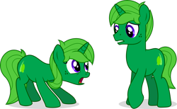 Size: 2546x1567 | Tagged: safe, artist:limedreaming, imported from derpibooru, oc, oc only, oc:lime dream, unicorn, duality, female, first meeting, freckles, green fur, male, mare, oh my gosh, purple eyes, rule 63, self ponidox, shocked, simple background, stallion, transparent background, vector