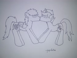 Size: 4160x3120 | Tagged: safe, artist:jrapcdaikari, imported from derpibooru, oc, oc only, oc:gravity check, oc:paladin colt, pegasus, pony, unicorn, black and white, gay, grayscale, kissing, male, monochrome, shipping, traditional art