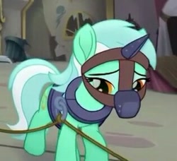 Size: 317x289 | Tagged: safe, imported from derpibooru, screencap, lyra heartstrings, pony, unicorn, my little pony: the movie, bondage, bondage gear, cropped, female, harness, horn cap, lyrabuse, magic suppression, mare, muzzle, sad, slavery, solo, tack, unsexy bondage