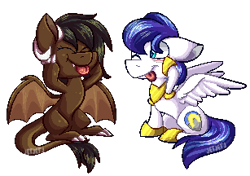 Size: 307x216 | Tagged: safe, artist:jetjetj, imported from derpibooru, oc, oc only, oc:onyx quill, oc:swift seraphic, dracony, hybrid, kirin, pegasus, pony, body armor, chibi, claws, cute, pixel art, simple background, swyx, tongue out, transparent background, wings