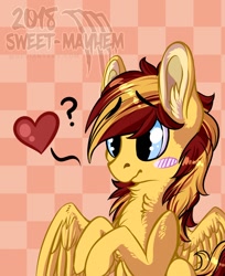 Size: 1044x1280 | Tagged: safe, artist:sweet-mayhem, imported from derpibooru, oc, oc only, oc:archi sketch, unnamed oc, pegasus, pony, :p, blushing, cute, heart, male, solo, tongue out, ych result