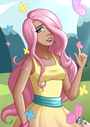 Size: 900x1272 | Tagged: safe, artist:emberfan11, imported from derpibooru, fluttershy, butterfly, human, alternative cutie mark placement, clothes, dark skin, dress, ear piercing, earring, female, hair over one eye, humanized, jewelry, looking at you, piercing, smiling, solo