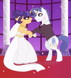 Size: 1293x1409 | Tagged: safe, artist:spectrumnightyt, imported from derpibooru, oc, oc only, oc:spectrum night, oc:velvet sentry, pony, unicorn, bipedal, clothes, dress, female, male, mare, oc x oc, offspring, offspring shipping, parent:flash sentry, parent:rarity, parent:soarin', parent:twilight sparkle, parents:flashlight, parents:soarity, shipping, stallion, straight, suit, wedding dress