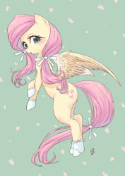 Size: 1000x1414 | Tagged: safe, artist:yanamosuda, imported from derpibooru, fluttershy, pegasus, pony, blushing, bow, clothes, female, looking at you, mare, open mouth, socks, solo, spread wings, white socks, wings