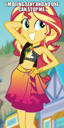 Size: 600x1196 | Tagged: safe, edit, edited screencap, imported from derpibooru, screencap, sunset shimmer, equestria girls, equestria girls series, forgotten friendship, adorasexy, and nopony can stop me, belly button, clothes, cute, i'm being adorable and no one can stop me!, image macro, meme, sexy, sunset selfie, swimsuit