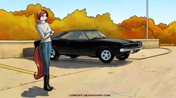 Size: 2373x1320 | Tagged: safe, artist:apocheck13, imported from derpibooru, oc, oc only, anthro, plantigrade anthro, anthro oc, autumn, boots, car, clothes, dodge charger, female, jeans, mare, muscle car, pants, shoes, solo, sweater, turtleneck, turtleneck sweater