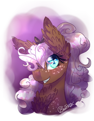 Size: 1018x1315 | Tagged: safe, artist:6-fingers-lover, imported from derpibooru, oc, oc only, oc:chocolate milkshake, pony, bust, chest fluff, female, mare, offspring, one eye closed, parent:cheese sandwich, parent:pinkie pie, parents:cheesepie, portrait, simple background, solo, transparent background, wink