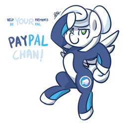 Size: 1080x1080 | Tagged: safe, artist:sugar morning, derpibooru exclusive, imported from derpibooru, oc, oc only, oc:paypal chan, pegasus, pony, badass, bun, clothes, cool, cute, female, mare, paypal, ponified, salute, simple background, suit, sweet, white background