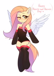 Size: 1528x2160 | Tagged: safe, artist:fensu-san, imported from derpibooru, fluttershy, pegasus, pony, semi-anthro, blushing, clothes, cute, fate/stay night, female, flying, hearts and hooves day, mare, one eye closed, rider, shyabetes, simple background, socks, solo, speech, white background, wink