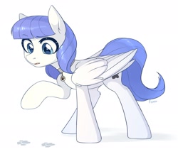 Size: 2412x2160 | Tagged: safe, artist:fensu-san, imported from derpibooru, oc, oc only, oc:snow pup, pegasus, pony, collar, female, footprint, mare, open mouth, raised hoof, simple background, solo, white background