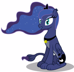 Size: 3202x3128 | Tagged: safe, artist:kirbymlp, imported from derpibooru, princess luna, alicorn, sphinx, bell, best princess, cat bell, collar, crown, cursed, jewelry, missing horn, necklace, regalia, simple background, species swap, sphinxified, transformation, white background