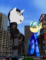 Size: 2400x3150 | Tagged: safe, artist:styroponyworks, imported from derpibooru, oc, oc only, oc:hot rod, oc:ultramare, earth pony, pony, building, car, city, clothes, commission, giant pony, giant unicorn, macro, open mouth, street, suit, vehicle, walking