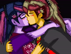Size: 6600x5042 | Tagged: safe, artist:takrontoxicity, imported from derpibooru, sci-twi, sunset shimmer, twilight sparkle, equestria girls, absurd resolution, alternate clothes, alternate costumes, alternate hairstyle, clothes, eyes closed, female, glasses, kissing, lesbian, rocker, scitwishimmer, shipping, sunsetsparkle, traditional art