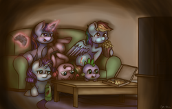 Size: 3000x1908 | Tagged: safe, artist:kysimon, imported from derpibooru, pinkie pie, rainbow dash, rarity, spike, twilight sparkle, controller, couch, food, friendship, magic, meat, pepperoni, pepperoni pizza, pizza, playing, popcorn, telekinesis, television, upside down, xbox