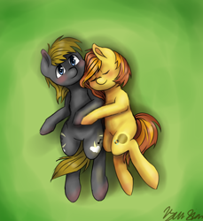 Size: 2468x2690 | Tagged: safe, artist:kysimon, imported from derpibooru, oc, oc:honey ella, oc:romance heart, earth pony, pony, cuddling, eyes closed, female, male, oc x oc, on back, romella, shipping, straight