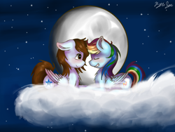 Size: 4000x3000 | Tagged: safe, artist:kysimon, imported from derpibooru, rainbow dash, oc, oc:linormusicbeat, pegasus, pony, canon x oc, cloud, female, lesbian, mare, moon, night, shipping