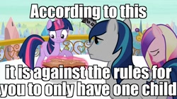 Size: 1365x768 | Tagged: safe, edit, edited screencap, imported from derpibooru, screencap, princess cadance, shining armor, twilight sparkle, the crystal empire, book, crystal empire, glowing horn, horn, horn crystals, image macro, magic, magic suppression, meme, telekinesis, tired